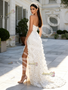 White One Shoulder Cut Out Flower Beading A Line Prom Dress With Slit