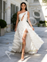 White One Shoulder Cut Out Flower Beading A Line Prom Dress With Slit