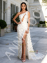 White One Shoulder Cut Out Flower Beading A Line Prom Dress With Slit