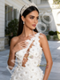 White One Shoulder Cut Out Flower Beading A Line Prom Dress With Slit