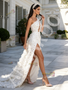 White One Shoulder Cut Out Flower Beading A Line Prom Dress With Slit