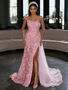  One Shoulder Pink Strapless Rose Beading Sheath Column Prom Dress With Slit