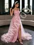  One Shoulder Pink Strapless Rose Beading Sheath Column Prom Dress With Slit