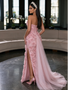  One Shoulder Pink Strapless Rose Beading Sheath Column Prom Dress With Slit