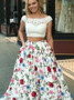 Keyhole Back Pockets Floral Satin Two Piece Bateau White Prom Dress 