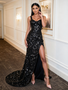 Black Sequin A Line Beading Prom Dress With Slit