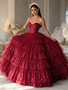 Deep Red Strapless Sequin Tiered Tulle Ball Gown Prom Dress