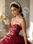 Deep Red Strapless Sequin Tiered Tulle Ball Gown Prom Dress