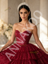 Deep Red Strapless Sequin Tiered Tulle Ball Gown Prom Dress