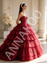 Deep Red Strapless Sequin Tiered Tulle Ball Gown Prom Dress