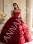 Deep Red Strapless Sequin Tiered Tulle Ball Gown Prom Dress