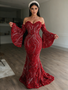 Shop 2026 ANNAKOO Burgundy Long Sleeves Sequin Flower Trumpet Mermaid Prom Dress Under 298