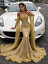 Shop 2026 ANNAKOO Gold Long Sleeve Cape Trumpet Mermaid Beading Flower Prom Dress Under 339