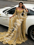 Shop 2026 ANNAKOO Gold Long Sleeve Cape Trumpet Mermaid Beading Flower Prom Dress Under 339