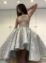 Pearl High Neck Silver Grey Lace A-Line High Low Prom Dress