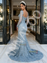  Dusty Blue Beading Long Sleeves Trumpet Mermaid Prom Dress