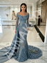 Dusty Blue Beading Long Sleeves Trumpet Mermaid Prom Gown Dress