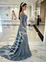 Dusty Blue Beading Long Sleeves Trumpet Mermaid Prom Gown Dress