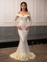 Off Shoulder Long Sleeve Trumpet Mermaid Belt Feather Prom Dress