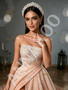 Strapless A  Line Sequin Pink Sparkle Tulle Feather Prom Dress With Slit