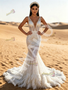 V Neck Feather Sequin Trumpet Mermaid White Prom Dress 