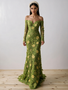 Green Off Shoulder Lace Sheath Column Long Flower Prom Dress