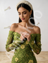Green Off Shoulder Lace Sheath Column Long Flower Prom Dress