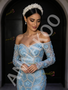Off The Shoulder Trumpet Mermaid Flower Blue Long Sleeve Prom Dress
