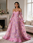 Pink Off Shoulder Lace A-Line Long Sleeve Floral Prom Dress