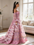 Pink Off Shoulder Lace A-Line Long Sleeve Floral Prom Dress