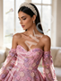 Pink Off Shoulder Lace A-Line Long Sleeve Floral Prom Dress