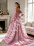 Pink Off Shoulder Lace A-Line Long Sleeve Floral Prom Dress