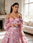 Pink Off Shoulder Lace A-Line Long Sleeve Floral Prom Dress