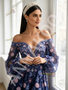 Purple Long Sleeve Off The Shoulder Beading Flower Lace Prom Dress