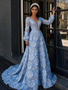 Long Sleeve Deep V‑Neck A‑Line Prom Dress In Blue With Floral Beading