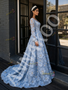 Long Sleeve Deep V‑Neck A‑Line Prom Dress In Blue With Floral Beading