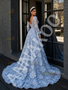 Long Sleeve Deep V‑Neck A‑Line Prom Dress In Blue With Floral Beading