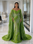 Green Tulle Trumpet Mermaid Prom Dress With Beaded Cape & Floral Details