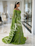 Green Tulle Trumpet Mermaid Prom Dress With Beaded Cape & Floral Details