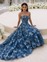 Blue Tulle Strapless A Line Beading Floral Prom Dress