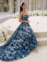 Blue Tulle Strapless A Line Beading Floral Prom Dress