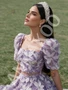 Square neckline with puffy sleeves on purple floral A-line prom dress