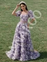 Purple two piece prom dress with square neck and puffy short sleeves