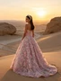 Pink strapless floral beaded A line tulle prom dress