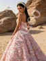 Back view of pink strapless floral tulle prom dress