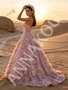 Floor length A line tulle skirt on pink prom dress