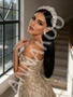 Back view of champagne floral tulle prom dress