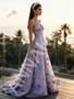 Full front view of the multi-tone lavender A-line silhouette with a sweeping train.