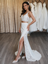 Two-piece lace V-neck wedding dress with a sheath column skirt 