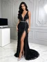 Black V Neck Beading Trumpet Mermaid Prom Dress With Slit 